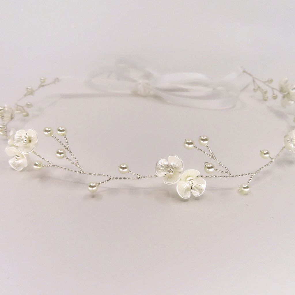 Silver headpiece with delicate white flowers and pretty pearl beads