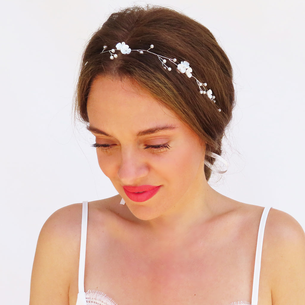 wedding headpiece fo hair up with flower and pearl accents