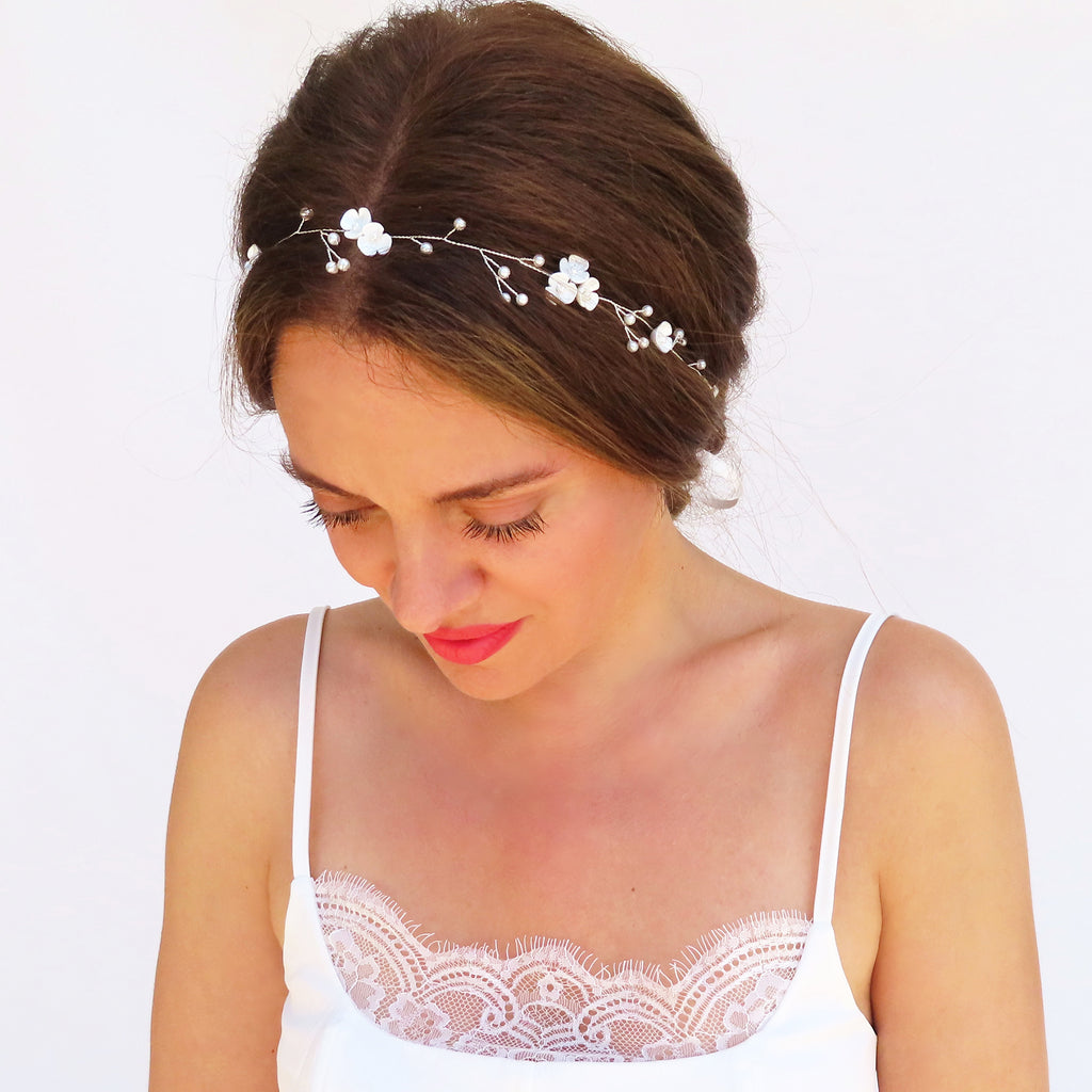 silver and white delicate hair vine headband