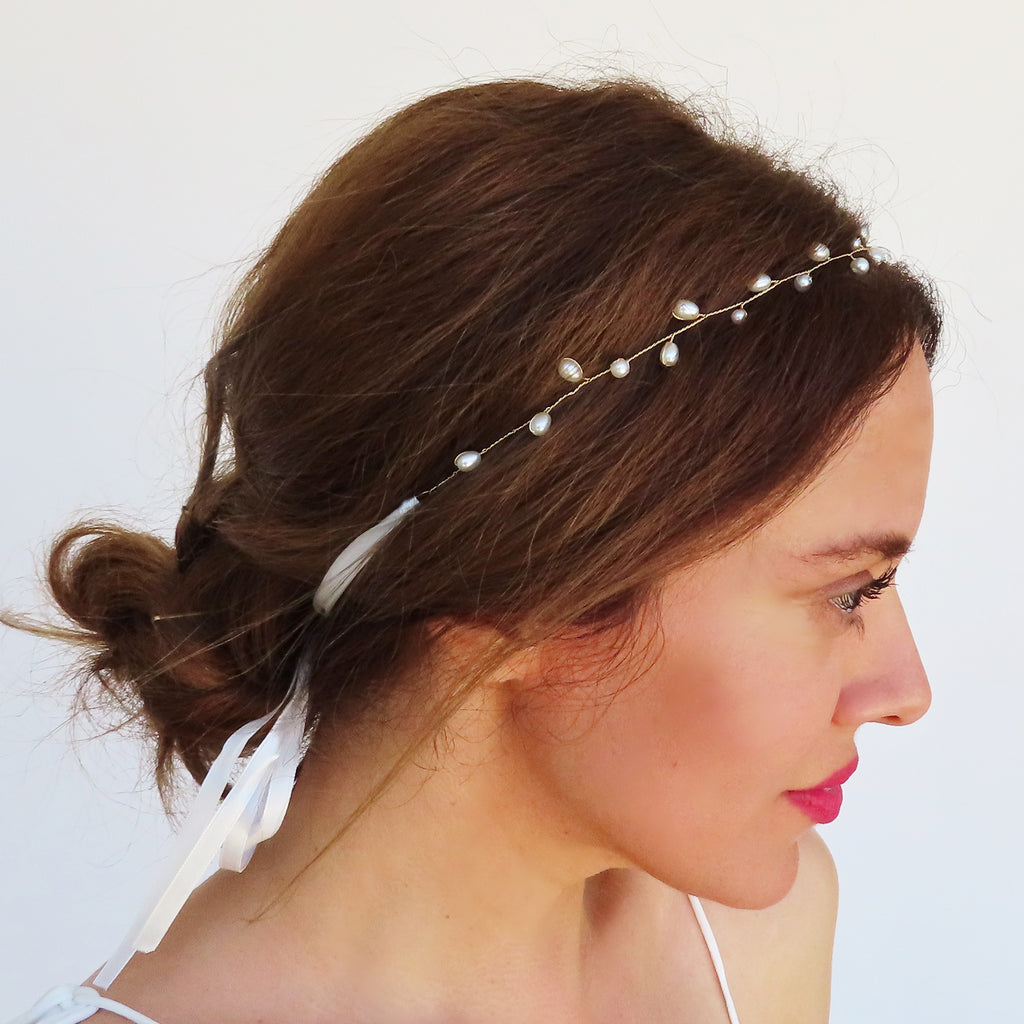 boho bridal back headpiece white and gold