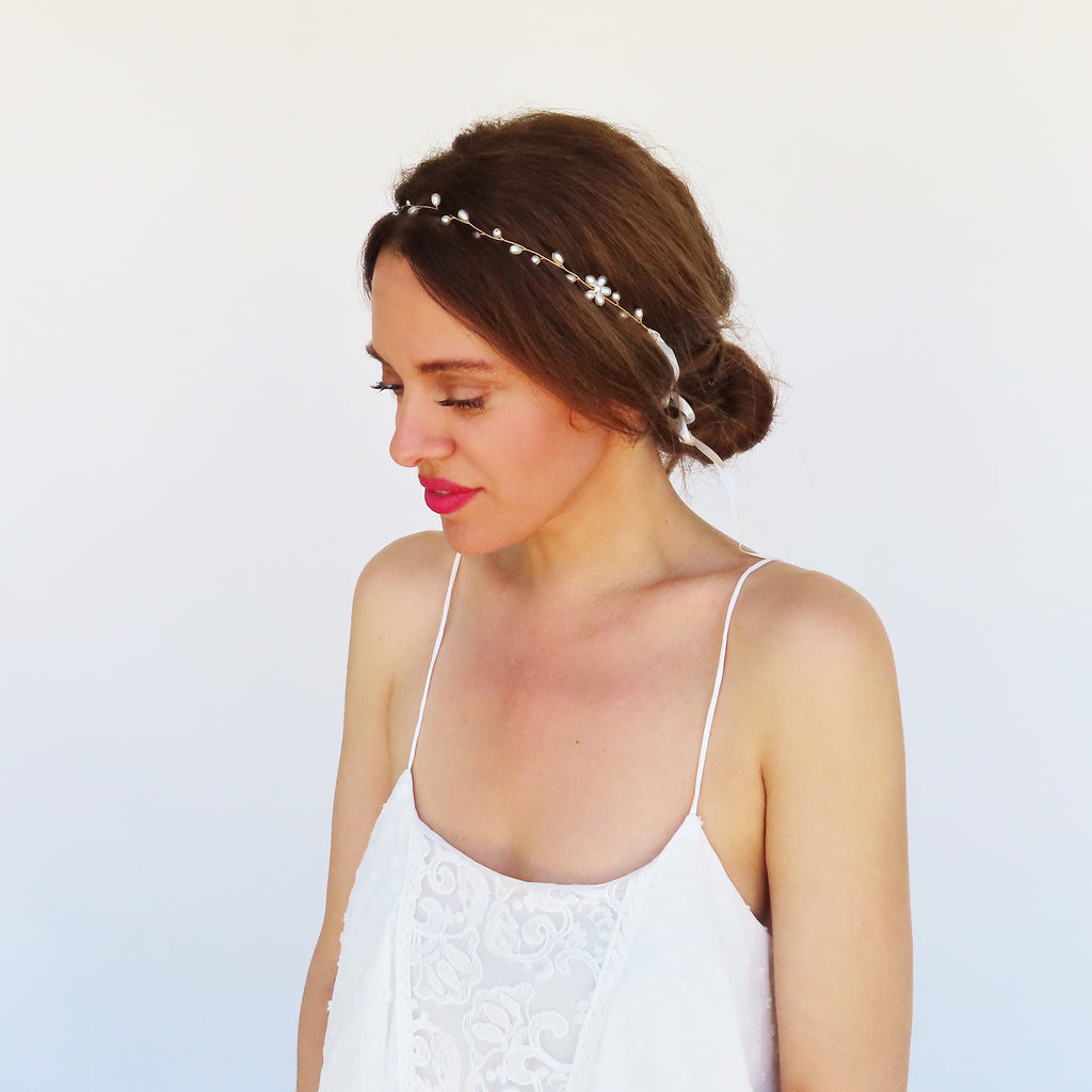 pearl headpiece with pearl flower and gold hair vine