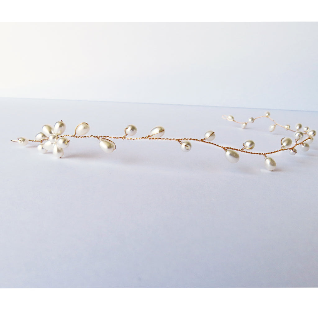 gold white beading on delicate hair vine