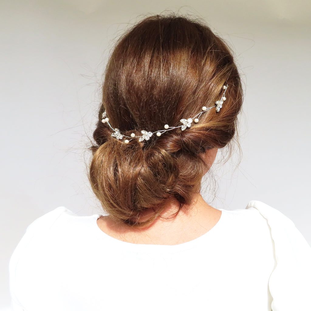 bridal wedding headband for back of head with rhinestone pearl