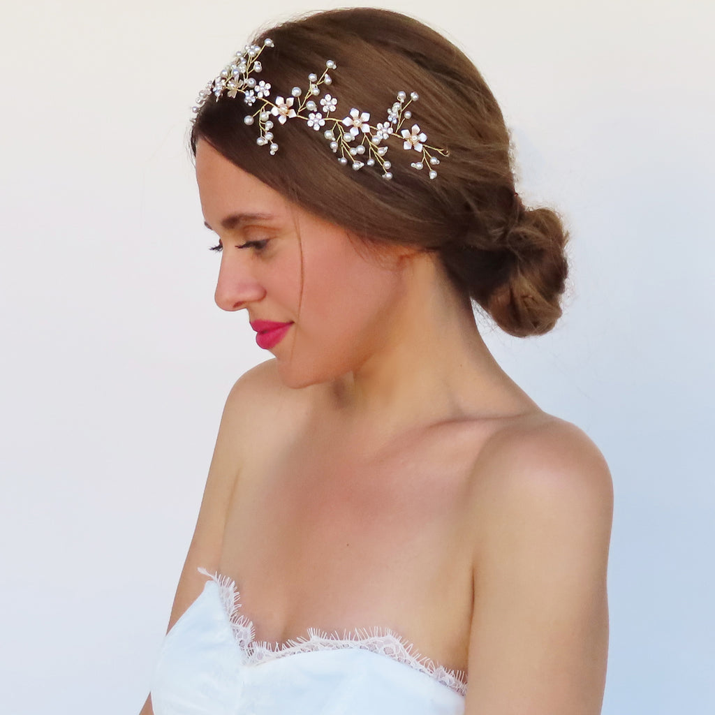 floral and pearl headband with rhinestones