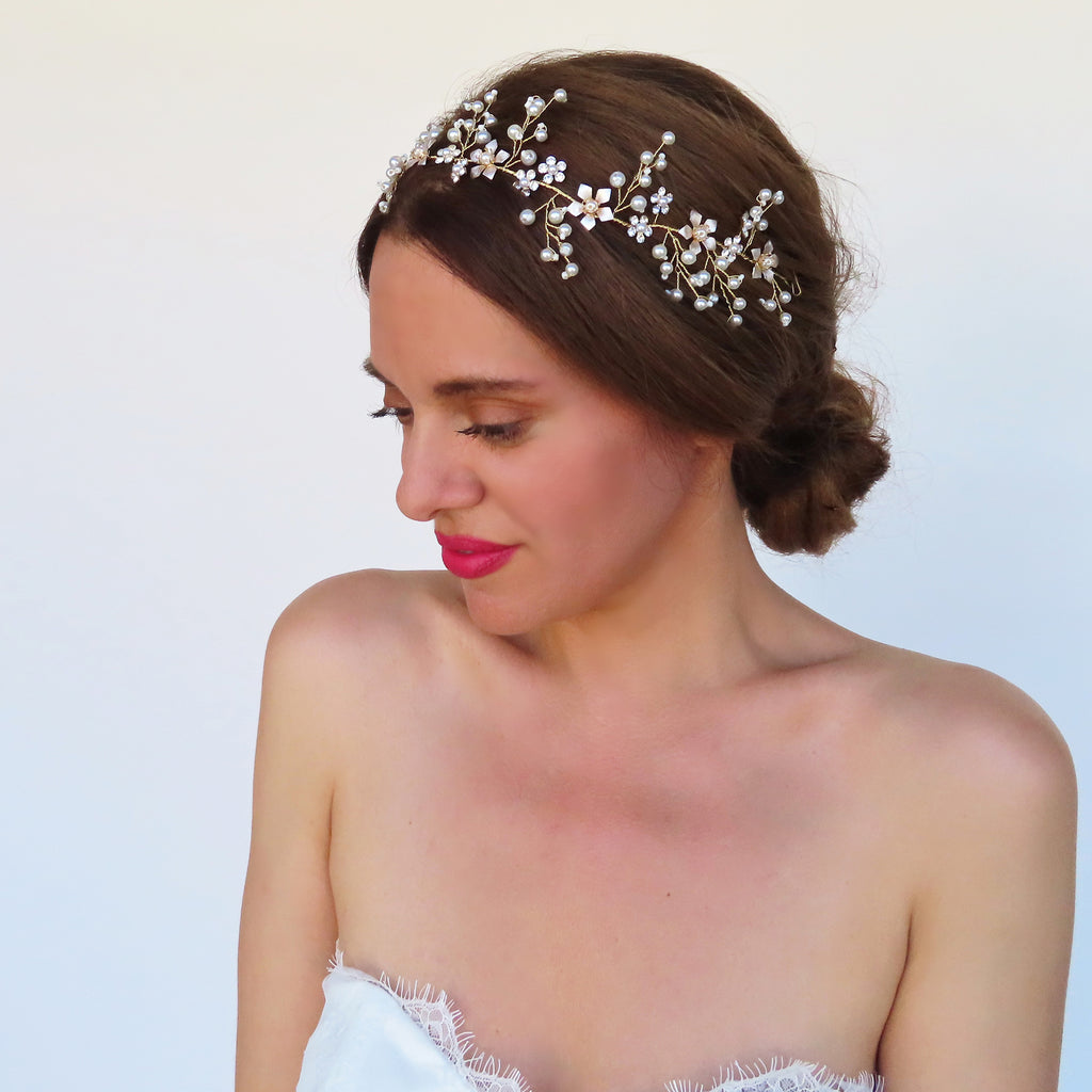 bridal hair vine with gold and rhinestone accents