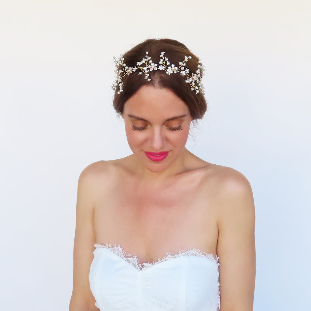 bridal rhinestone crown with flower and pearl accents