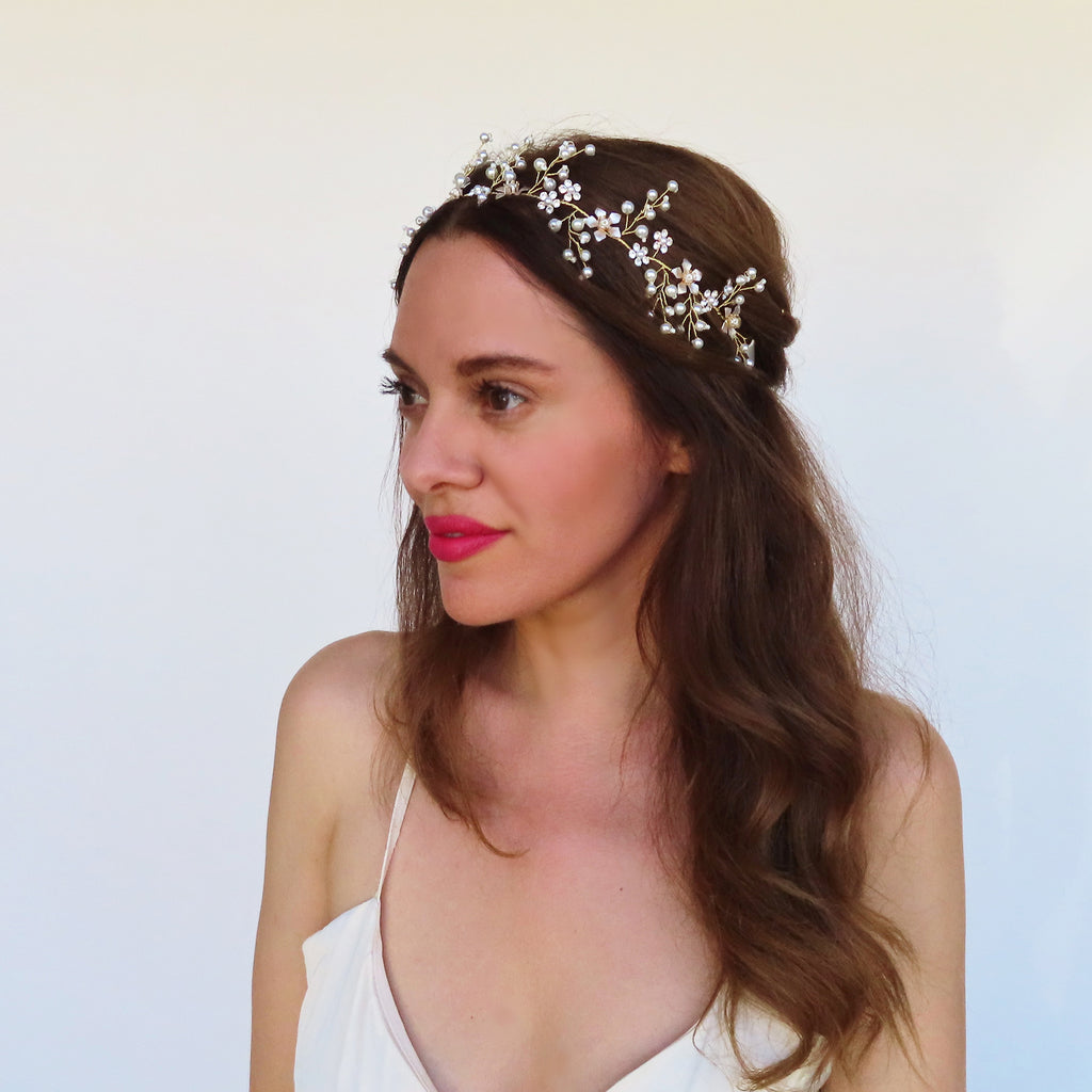 romantic floral boho headpiece for bride with pearls