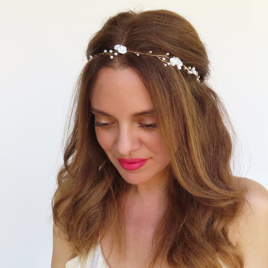 pearl wedding headband with blossoms 