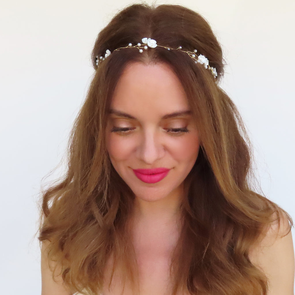 halo headband for wedding with flowers and beads with veil