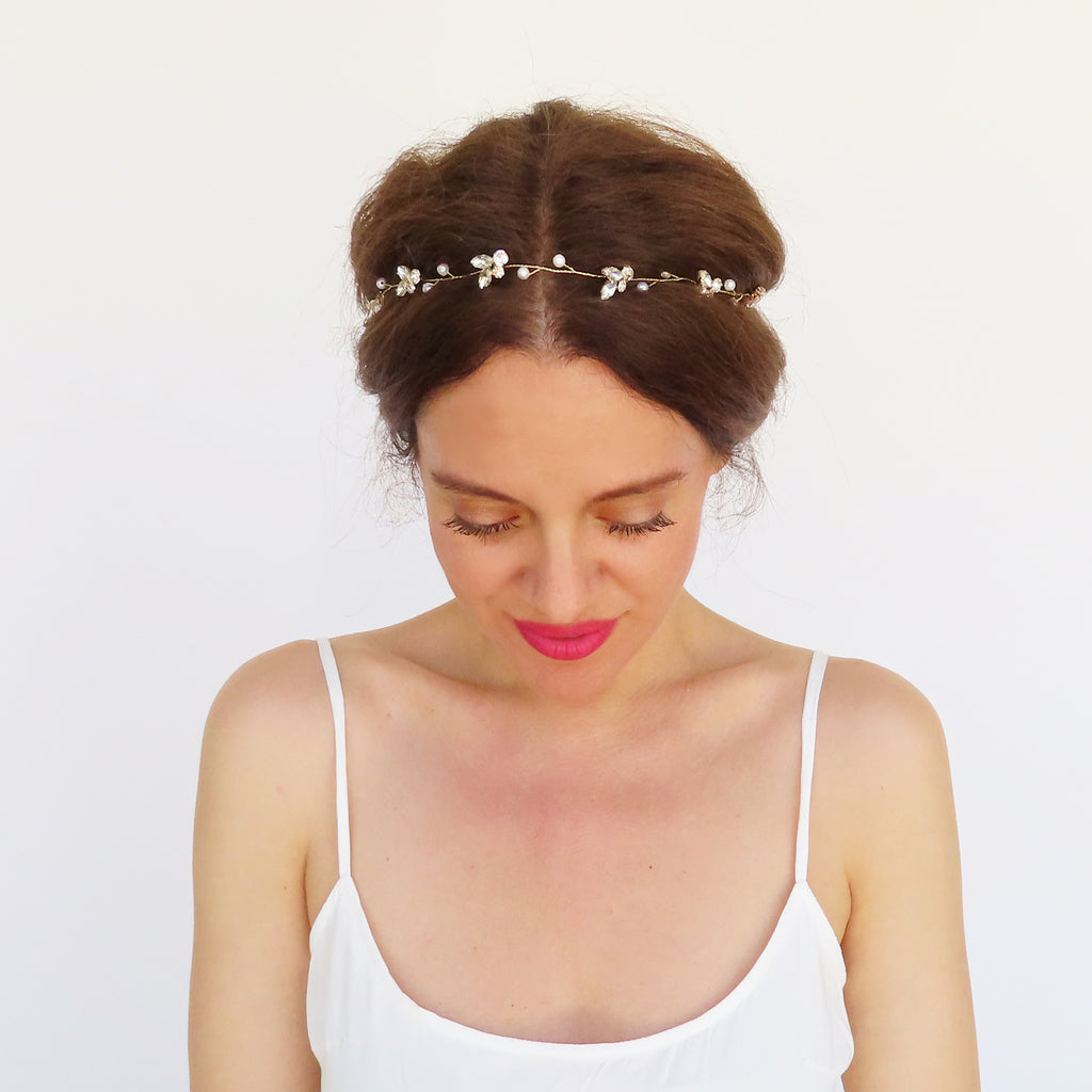 simple bridal headband with rhinestones and pearl beads