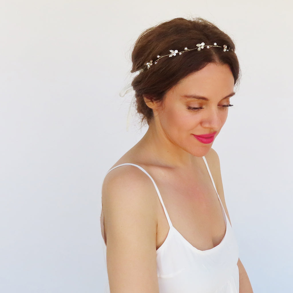 crystal pearl headpiece with satin ribbon or bobby pins