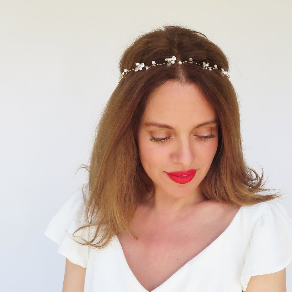 boho wedding headband with pearls and rhinestones in silver and gold